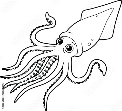 Vector Cartoon Swimming Squid Line Art