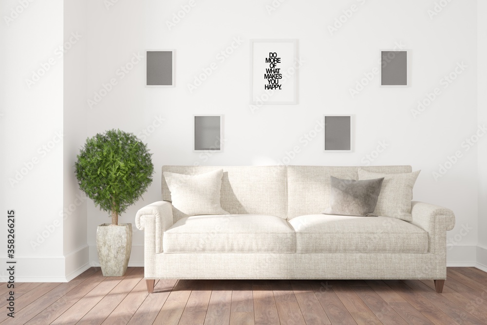 modern room with sofa,pillows,frames and plant interior design. 3D illustration modern room with sofa,pillows,frames and plant interior design. 3D illustration