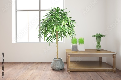 modern roomw ith table and plants interior design. 3D illustration