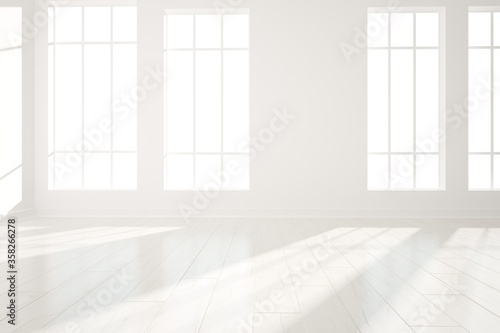 modern white room with big white windows interior design. 3D illustration