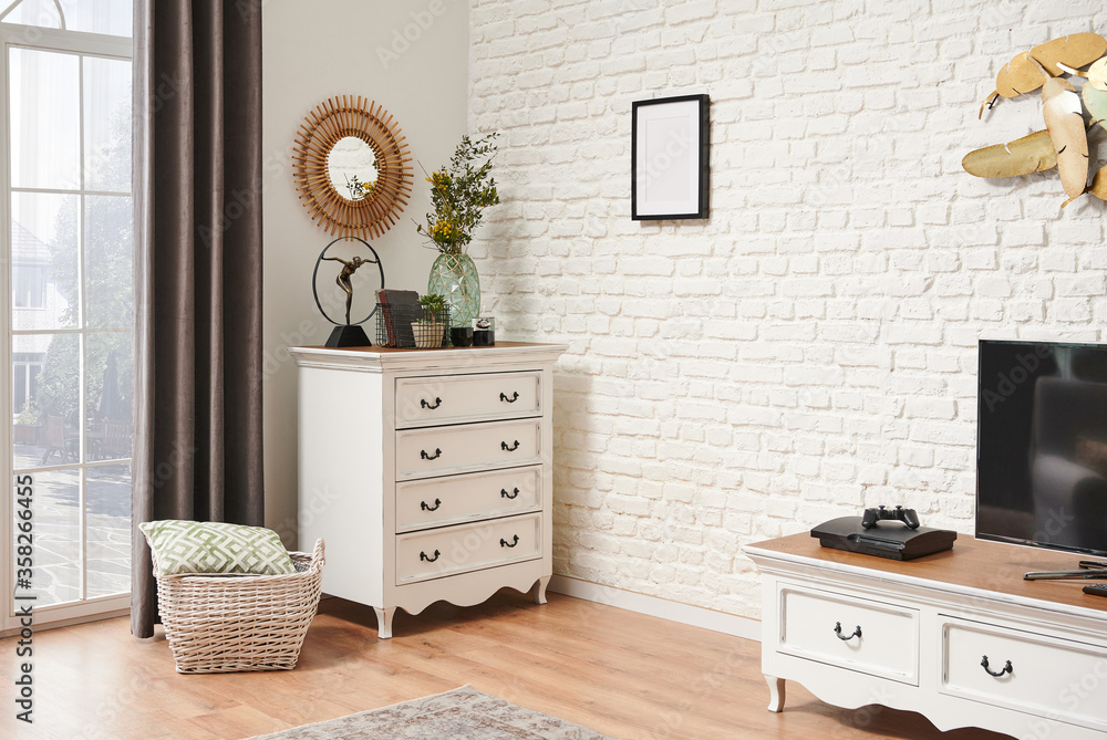 Home living room corner with classic drawer and cabinet style. Brick ...