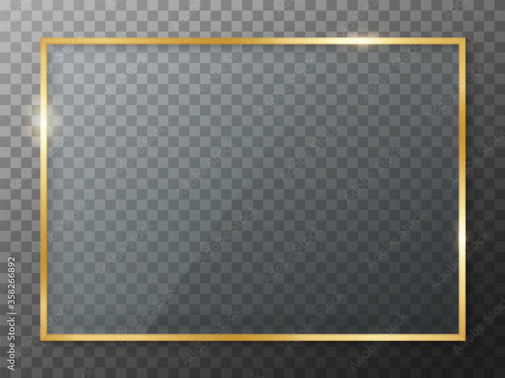 Fototapeta premium Golden frame with glass. Rectangle border. Gold frame boarder. Golden vintage border. Shiny glowing rectangle boarder isolated on background. Design luxury rectangular gold frame with shadow. Vector