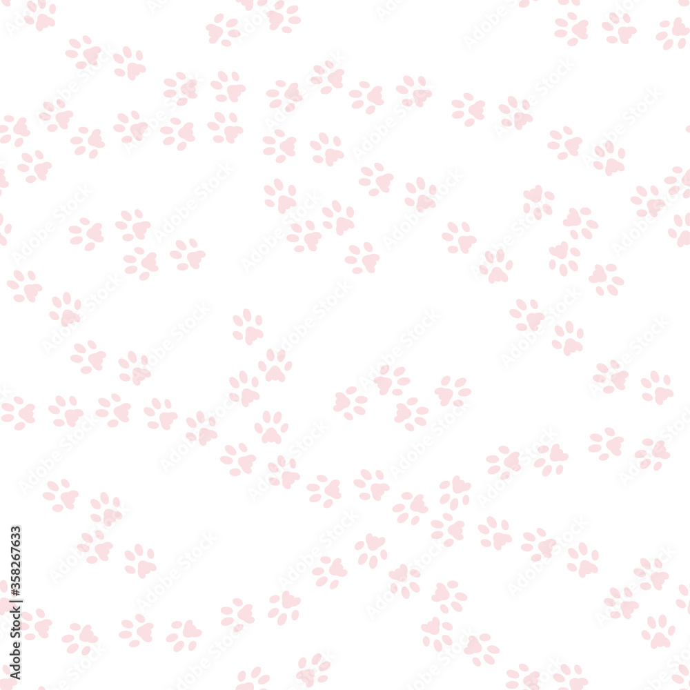 Pink cat footprints on white. Seamless vector pattern. Hand-drawn silhouette. Pink cat footprints on white. Seamless vector pattern. Hand-drawn silhouette.