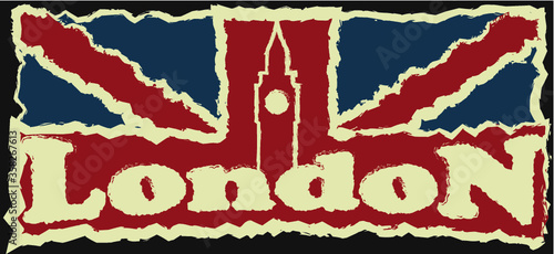 Big Ben silhouette and London inscription on the British flag