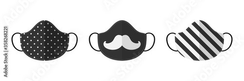Set, collection of black, dark grey cloth masks, sheet masks for face with ornaments.