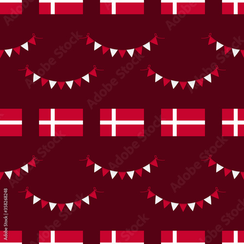 Denmark flags and garlands vector seamless pattern background for Flag Day and other danish national holidays.
