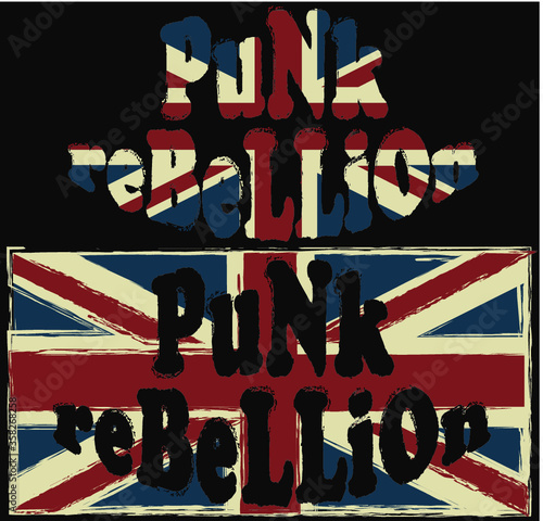 Grunge punk rebellion caption and british flag