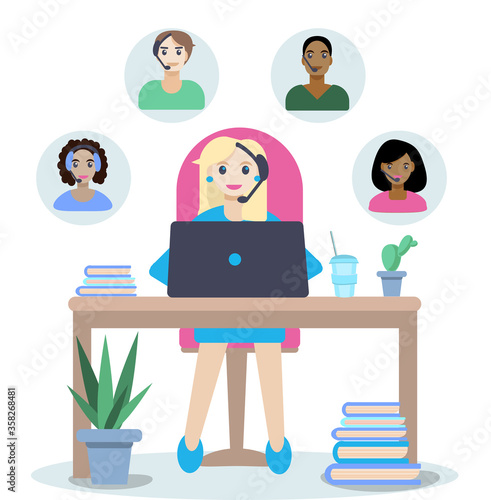 The home workplace. Video call chatting communication concept. The girl is sitting at her laptop and communicates with colleagues.Vector illustration in flat style. Online training from home.