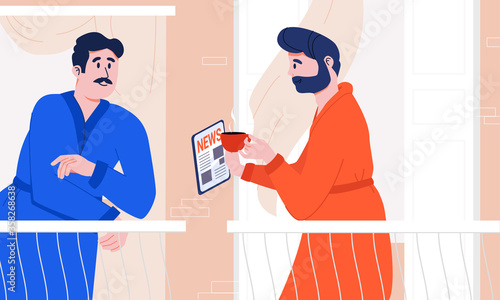 Two neighbors in bath robes discussing latest news heaving morning coffee on the balcony at home. Man reading interesting facts from tablet device to friend. Everyday rituals. Modern lifestyle habits.