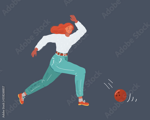 Vector illustration of woman with bowling ball, isolated on dark background
