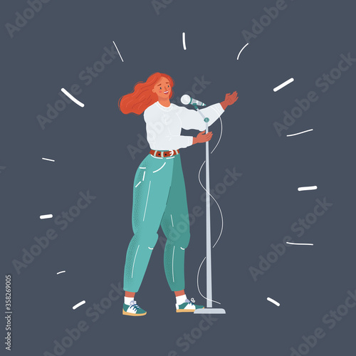 Vector illustration of Happy woman speaks, make presentation or singing
