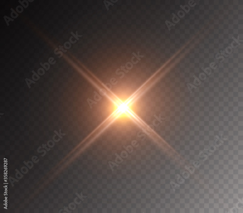 Camera flash light effect isolated on transparent background. Gold yellow flashlignt, flare, projector rays or spotlight. Vector glow car headlight template