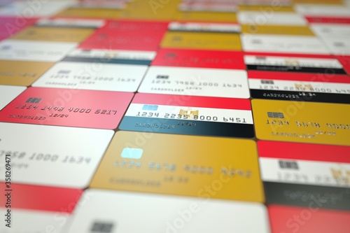 National flag of Egypt on credit cards. Banking related 3D rendering