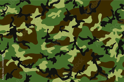 Camouflage seamless pattern. Woodland style. Green background. Four colors
