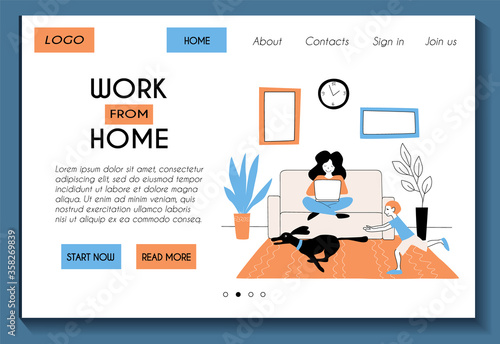 Web landing page template for work from home freelance site.  Freelancer mom is working with laptop and child is playing with dog. Stock flat  illustration. Website design easy to edit and customize.