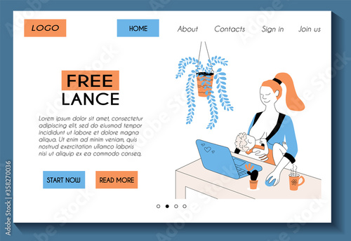 Web landing page template for work from home freelance site.  Freelancer mom is working with laptop and breastfeeding a baby. Stock flat modern illustration. Website design easy to edit and customize.