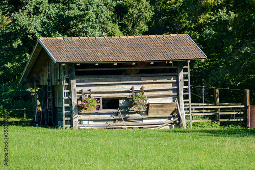 house in forest, digital photo picture as a background , taken in bled lake area, slovenia, europe photo