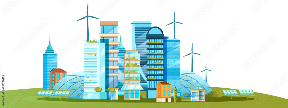Eco city concept with skyscrapers, greenhouses, solar panels, wind ...