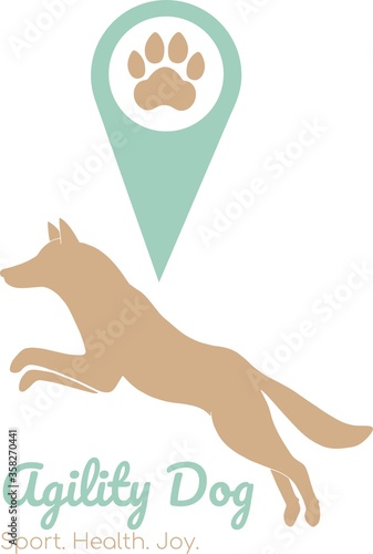 Vector flat design logotype for agility club with brown dog, green location symbol, paw sign and text, isolated on white background