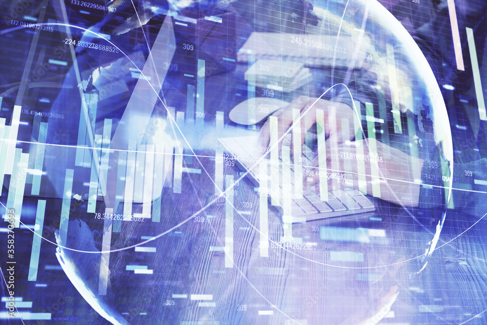 Multi exposure of businessman working on laptop on background. International business hologram in front. Concept of success. Multi exposure of businessman working on laptop on background. International business hologram in front. Concept of success.