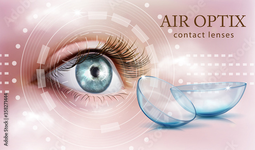 The human eye. Contact lenses. Ophthalmology. Product Advertising Concept. Vector illustration.
