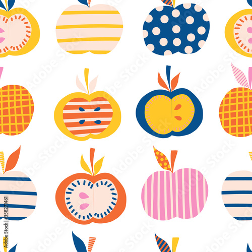 Apples seamless vector pattern. Cute abstract apple illustration background. Fruits in blue, pink, orange, yellow Scandinavian style. Use for kids products, children decor, fabric, kids fashion