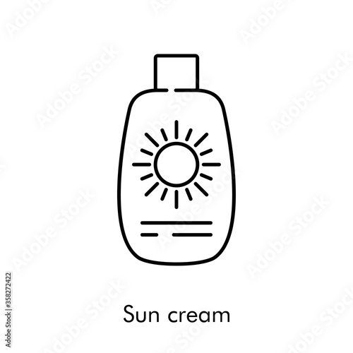 Concepto vacaciones de verano. Icono plano lineal botella de crema solar en color negro