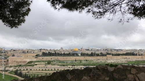 Panoramic view to Jerusalem old city from the Mount of Olives, Israel. High quality 4k footage.