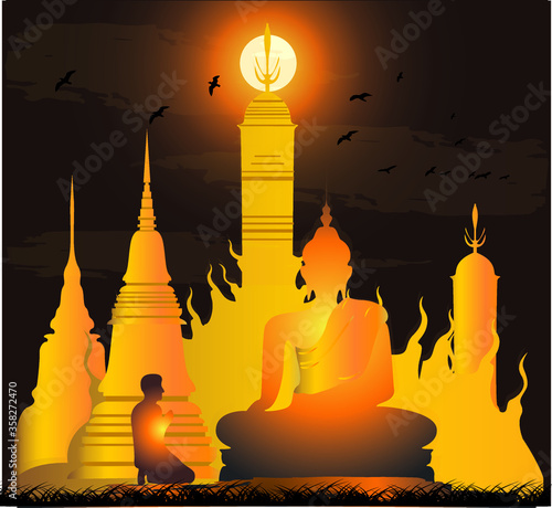 Asian young man pay homage to Buddha statue, Buddhist respect, Hands folded in prayer concept for faith, spirituality and religion.,ART,VECTOR