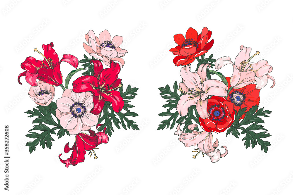 Red and pink flowers of lilies and anemones, garden flower arrangements, set, vector illustration