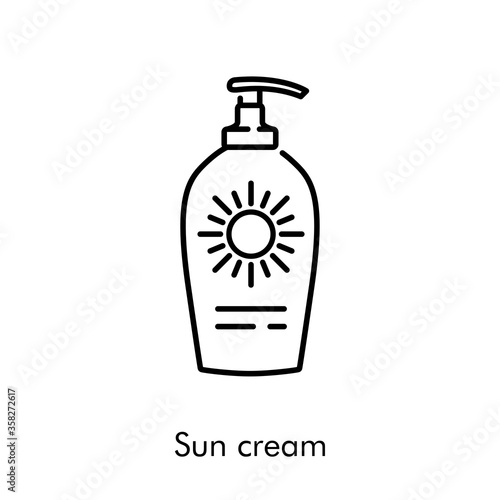 Concepto vacaciones de verano. Icono plano lineal dispensador de crema solar en color negro