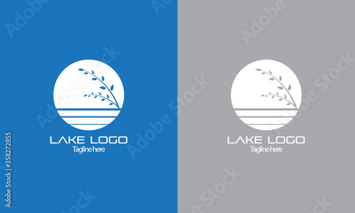 Simple lake with a moon and plant logo design template-beautiful scenery of blue.