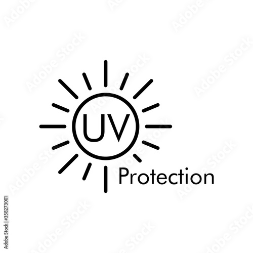 Concepto vacaciones de verano. Crema solar. Icono plano lineal texto UV Protection en sol en color negro