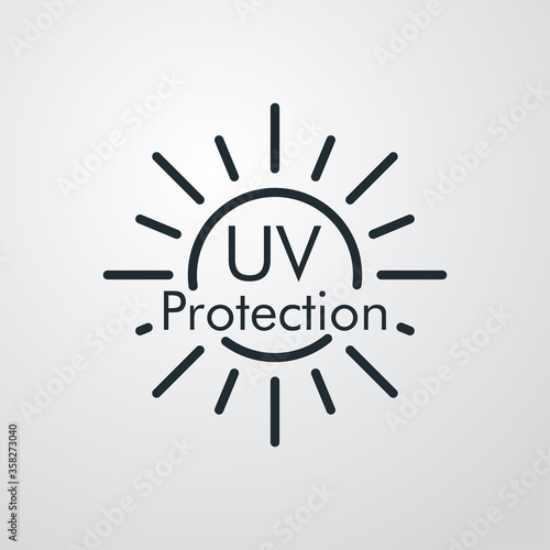 Concepto vacaciones de verano. Crema solar. Icono plano lineal texto UV Protection en sol en fondo gris