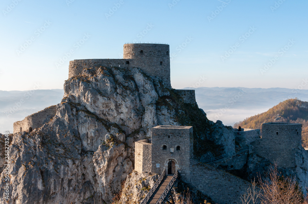 Medieval fortress located in Srebrenik, Bosnia and Herzegovina. The fortress was strategically placed on a top of a steep rock, and it was used to defend a large area of land in middle ages.