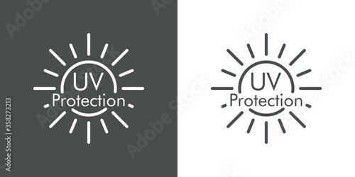 Concepto vacaciones de verano. Crema solar. Icono plano lineal texto UV Protection en sol en fondo gris y fondo blanco