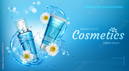 Chamomile cosmetics bottles mock up banner. Natural beauty product cream and pump tubes package on blue water splash background with flowers. Eco moisturize cosmetic Realistic 3d vector illustration