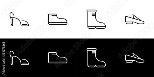 Shoes icon set. Flat design icon collection isolated on black and white background. High heel, brogue, boot, and loafer.