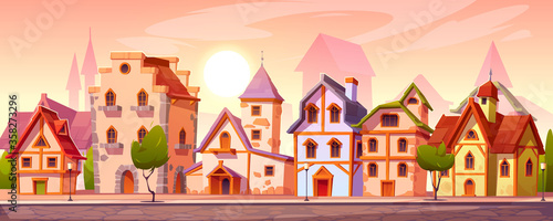 Medieval town street with old european buildings. Vector cartoon cityscape with vintage facade of houses with brick wall and wooden doors, trees, stone road and pavement