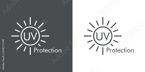 Concepto vacaciones de verano. Crema solar. Icono plano lineal texto UV Protection en sol en fondo gris y fondo blanco