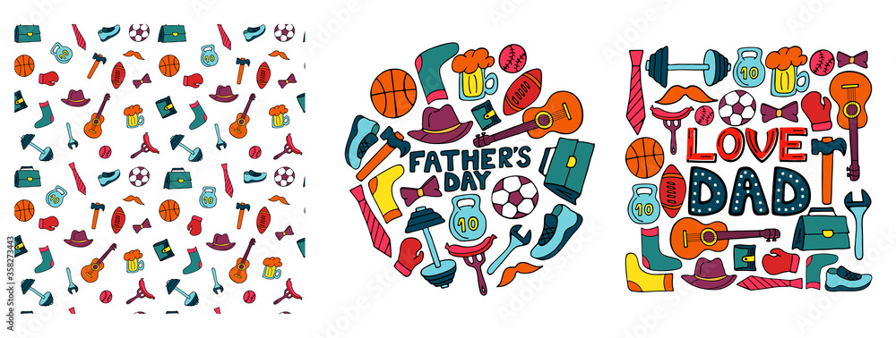 Happy Father's Day. Set of banners in doodle style. Men's lifestyle, sports equipment, clothes and accessories.