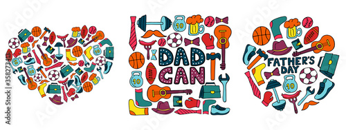 Happy Father's Day. Set of banners in doodle style. Men's lifestyle, sports equipment, clothes and accessories.