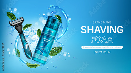 Shaving foam and safety razor blade on water splash with mint leaves background. Men cosmetics promotional banner with bottle and shaver. Body care cosmetic product, realistic 3d vector illustration