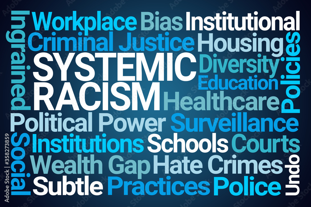 Systemic Racism Word Cloud on Blue Background Systemic Racism Word Cloud on Blue Background