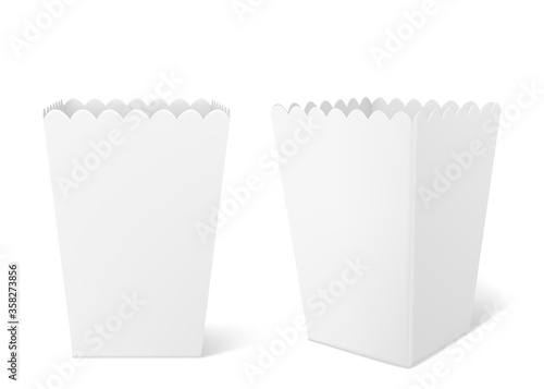 White paper box for popcorn isolated on background. Vector realistic mock up of empty bucket for pop corn, blank square pack for chicken, potato and snack in cinema