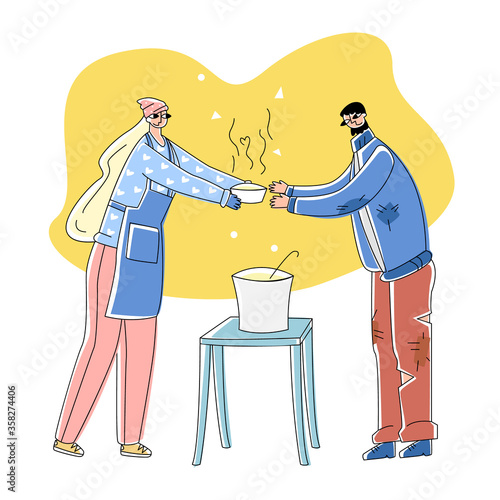 Vector flat illustration happy homeless beggar receiving food on delivery from volunteer. Concept poverty, social problems, volunteering, assistance. Landing pages, banners, social networks, etc.