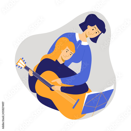 Vector flat illustration teenager who plays guitar under supervision teacher. Concept teaching music, schools, studios, conservatories. You can use it in banners, landing pages, social networks, etc.