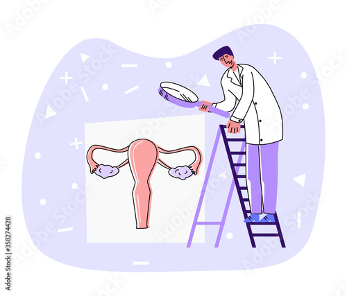 Vector flat illustration doctor standing on staircase, looking through magnifying glass at abstract female genital organs. Concept gynecology, obstetrics,infertility. Banners, social network, etc.