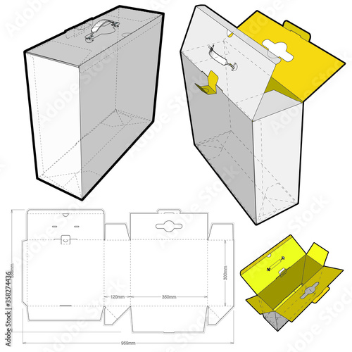 Folding Box With Handle (Internal measurement 30x12x30cm) and Die-cut Pattern. The .eps file is full scale and fully functional. Prepared for real cardboard production.