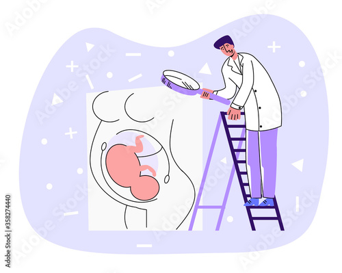 Vector flat illustration doctor standing on staircase, looking through magnifying glass at abstract belly pregnant woman with fetus. Concept obstetrics, gynecology. Banners, social network, etc. 
